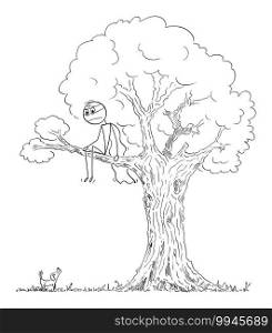 Frightened hero or superhero is hiding from small dog sitting on branch of the tree, vector cartoon stick figure or character illustration.. Frightened Superhero or Hero Is Hiding from Small Dog on the Tree, Vector Cartoon Stick Figure Illustration