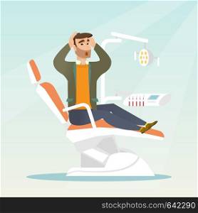 Frightened hipster patient in the dentist office. Scared caucasain man visiting a dentist in the dental clinic. Afraid man sitting in the dental chair. Vector flat design illustration. Square layout.. Afraid man sitting in the dental chair.
