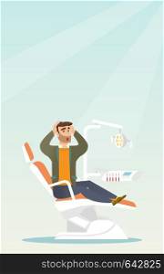 Frightened hipster patient in the dentist office. Scared caucasain man visiting a dentist in the dental clinic. Afraid man sitting in the dental chair. Vector flat design illustration. Vertical layout. Afraid man sitting in the dental chair.