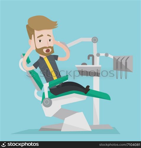 Frightened hipster patient with the beard at dentist office. Scared young man in dental clinic. Man visiting dentist. Afraid man sitting in dental chair. Vector flat design illustration. Square layout. Scared patient in dental chair vector illustration