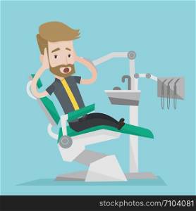 Frightened hipster patient with the beard at dentist office. Scared young man in dental clinic. Man visiting dentist. Afraid man sitting in dental chair. Vector flat design illustration. Square layout. Scared patient in dental chair vector illustration