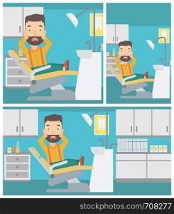 Frightened hipster patient with the beard sitting in dental chair at dentist office. Vector flat design Illustration. Square, horizontal, vertical layouts.. Scared patient in dental chair.