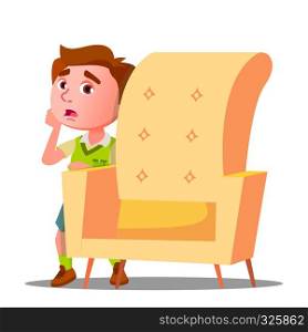 Frightened Little Boy Looks Out From Behind The Armchair Vector. Illustration. Frightened Little Boy Looks Out From Behind The Armchair Vector. Isolated Illustration