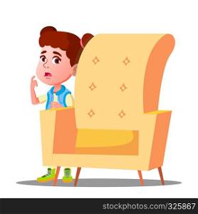 Frightened Little Girl Looks Out From Behind The Armchair Vector. Illustration. Frightened Little Girl Looks Out From Behind The Armchair Vector. Isolated Illustration