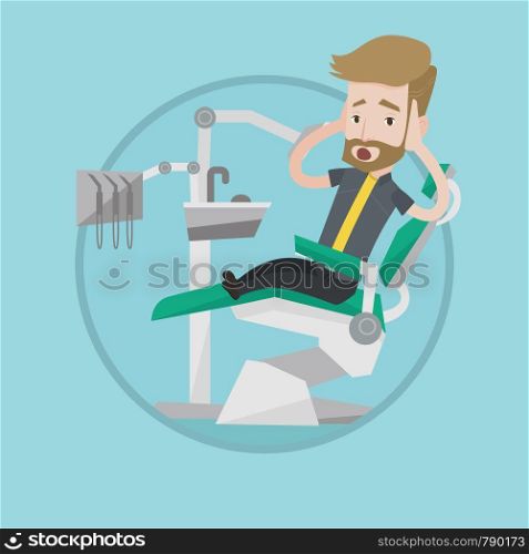 Frightened patient at dentist office. Scared man in dental clinic. Man visiting dentist. Afraid man sitting in dental chair. Vector flat design illustration in the circle isolated on background.. Scared patient in dental chair vector illustration