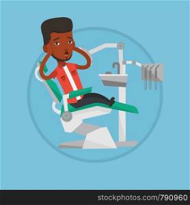 Frightened patient at dentist office. Scared man in dental clinic. Man visiting dentist. Afraid man sitting in dental chair. Vector flat design illustration in the circle isolated on background.. Scared patient in dental chair vector illustration