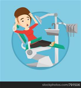 Frightened patient at dentist office. Scared woman in dental clinic. Woman visiting dentist. Afraid woman sitting in dental chair. Vector flat design illustration in the circle isolated on background.. Scared patient in dental chair vector illustration