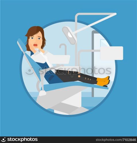 Frightened patient at dentist office. Scared young patient in dental clinic. Afraid woman sitting in dental chair. Vector flat design illustration in the circle isolated on background.. Scared patient in dental chair.