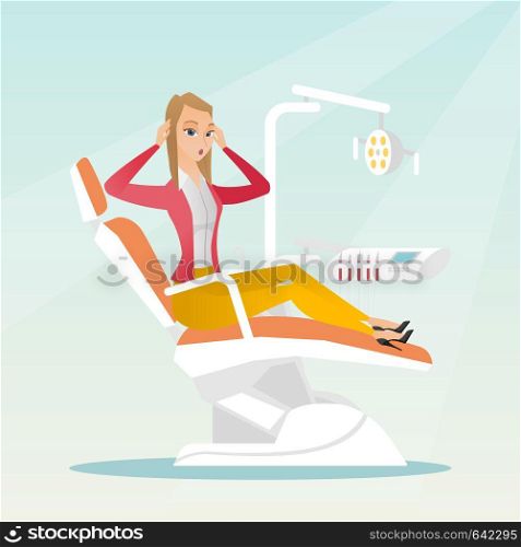 Frightened patient in the dentist office. Scared caucasain woman visiting a dentist in the dental clinic. Afraid woman sitting in the dental chair. Vector flat design illustration. Square layout.. Afraid woman sitting in the dental chair.