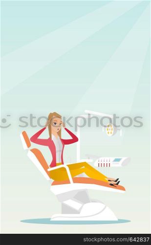 Frightened patient in the dentist office. Scared caucasain woman visiting a dentist in the dental clinic. Afraid woman sitting in the dental chair. Vector flat design illustration. Vertical layout.. Afraid woman sitting in the dental chair.