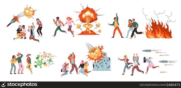 Frightened people running. Stressed situation, horrified adults and children run from explosions and shells, scared characters, city destroyed war, broken buildings, vector cartoon flat isolated set. Frightened people running. Stressed situation, horrified adults and children run from explosions and shells, scared characters, city destroyed war, broken buildings, vector isolated set