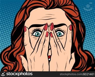 Frightened shocked girl pop art retro style. The face of a woman emotions. Frightened shocked girl