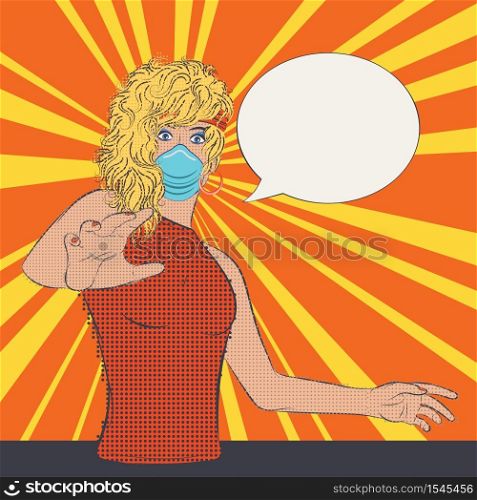 Frightened, shocked woman in medical mask, virus attack, retro pop art style with halftone.