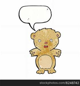 frightened teddy bear cartoon with speech bubble