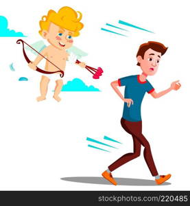 Frightened Teen Guy Running From Valentine s Day Cupid Vector. Isolated Illustration. Frightened Teen Guy Running From Valentine s Day Cupid Vector. Illustration