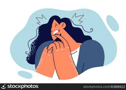 Frightened woman biting nails experiencing panic attack due to threats from criminal or blackmail. Frightened girl who found out about approach financial crisis is afraid of dismissal and bankruptcy. Frightened woman biting nails experiencing panic attack due to threats from criminal or blackmail