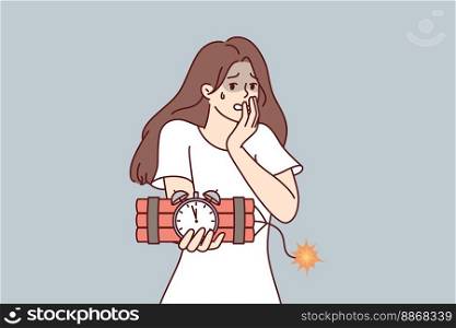 Frightened woman holding bomb in hands panicking because of explosion and does not know how to stop detonation. Shocked girl with dynamite symbolizing imminent approach of trouble. Flat vector design . Frightened woman holding bomb in hands panicking because of explosion. Vector image