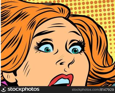 Frightened woman. Human emotions fear anxiety danger cry trouble. Pop Art Retro Vector Illustration Kitsch Vintage 50s 60s Style. Frightened woman. Human emotions fear anxiety danger cry trouble