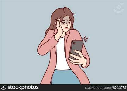 Frightened woman looks into mobile phone after seeing unpleasant SMS message. Girl selling from bullying in social networks reading unpleasant comments through smartphone. Flat vector illustration. Frightened woman looks into mobile phone after seeing unpleasant sms message. Vector image