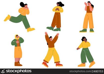 Frightened women, startled female characters scream, yell, escape danger. Diverse scared girls afraid phobia, panic attack, amazement and shock emotions, Linear cartoon flat vector illustration, set. Frightened women, startled female characters yell
