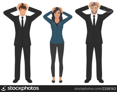 frightening, terrified, panic, Shocked facial expression, man holding hands on head and keeping mouth open. Headache pain or stress. Human emotions, feelings concept illustration in vector cartoon style.. Panic and being scared concept. Group of young people standing touching cheeks faces heads feeling crazy afraid panic vector illustration