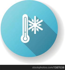 Frigid temperature blue flat design long shadow glyph icon. Winter frost, cold seasonal weather forecast, meteorological prediction. Thermometer with snowflake silhouette RGB color illustration. Frigid temperature blue flat design long shadow glyph icon