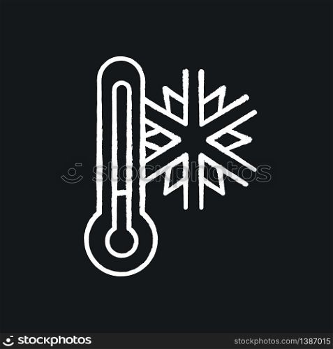Frigid temperature chalk white icon on black background. Winter frost, cold seasonal weather forecast, meteorological prediction. Thermometer with snowflake isolated vector chalkboard illustration. Frigid temperature chalk white icon on black background