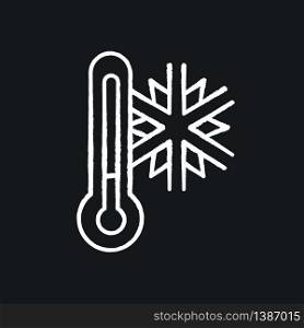 Frigid temperature chalk white icon on black background. Winter frost, cold seasonal weather forecast, meteorological prediction. Thermometer with snowflake isolated vector chalkboard illustration. Frigid temperature chalk white icon on black background