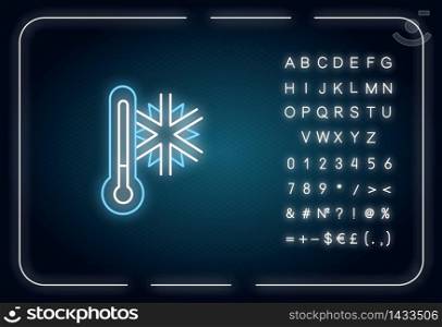 Frigid temperature neon light icon. Outer glowing effect. Winter frost, weather forecast sign with alphabet, numbers and symbols. Thermometer with snowflake vector isolated RGB color illustration. Frigid temperature neon light icon