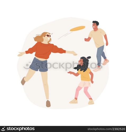 Frisbee isolated cartoon vector illustration Family leisure time outdoors, warm outfit, fall beach activity, family members throwing frisbee to each other, walking a dog vector cartoon.. Frisbee isolated cartoon vector illustration