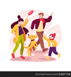Frisbee isolated cartoon vector illustration. Family leisure time outdoors, warm outfit, fall beach activity, family members throwing frisbee to each other, walking a dog vector cartoon.. Frisbee isolated cartoon vector illustration.