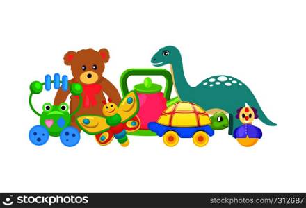 Frog and butterfly toys set collection of toys dinosaur and teddy bear tortoise and clown, kids items vector illustration isolated on white background. Frog and Butterfly Toys Set Vector Illustration