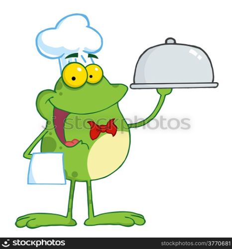 Frog Cartoon Mascot Character Chef Serving Food In A Sliver Platter