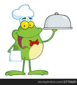 Frog Cartoon Mascot Character Chef Serving Food In A Sliver Platter