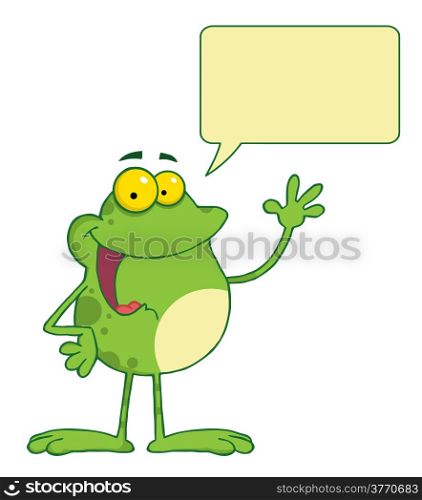 Frog Cartoon Mascot Character Waving A Greeting With Speech Bubble
