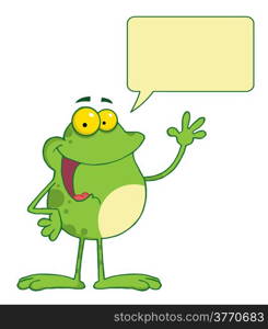 Frog Cartoon Mascot Character Waving A Greeting With Speech Bubble