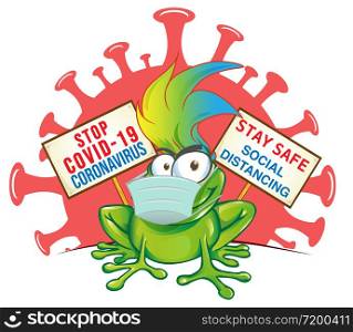 frog cartoon with mask on signboard against coronavirus