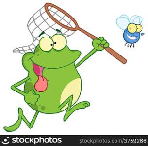 Frog Chasing Fly With A Net