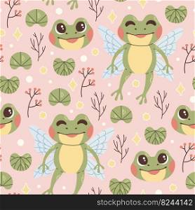 Frog fairy leaves and branches seamless pattern vector illustration