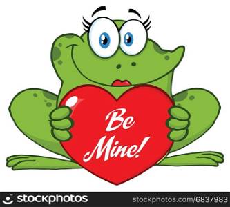 Frog Female Cartoon Mascot Character Holding A Valentine Love Heart With Text Be Me. Illustration Isolated On White Background