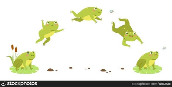 Frog jump. Funny toad step hop sequences, amphibian character moving animation phases, jumping water animal, 2d storyboard. Different poses aquatic reptile mascot. Vector cartoon isolated concept. Frog jump. Funny toad step hop sequences, amphibian character moving animation phases, jumping water animal, 2d storyboard. Aquatic reptile mascot. Vector cartoon isolated concept