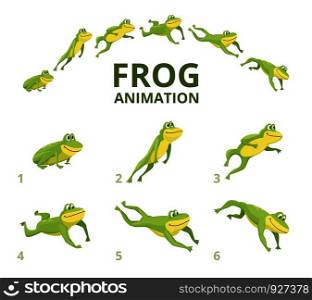 Frog jumping animation. Various keyframes for green animal. Vector frog animation, jump amphibian animated illustration. Frog jumping animation. Various keyframes for green animal