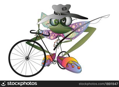 Frog personage with old hat glasses goes fishing on the bycicle. Vector illustration