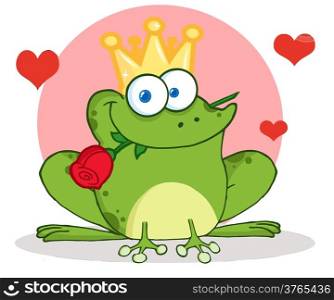 Frog Prince With A Rose In Mouth And Hearts