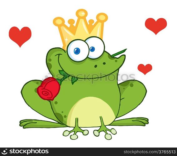 Frog Prince With A Rose In Mouth And Red Hearts