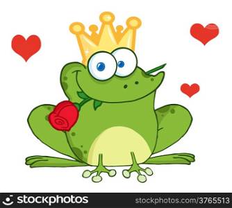 Frog Prince With A Rose In Mouth And Red Hearts