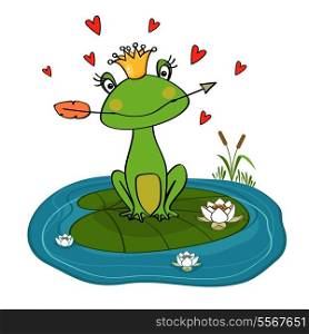 Frog princess with crown and arrow on water lily vector illustration
