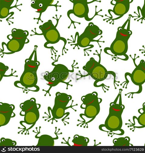 Frog seamless pattern. Cartoon cute frogs kids repeating texture. Frog wallpaper green, textile seamless pattern. Vector illustration. Frog seamless pattern. Cartoon cute frogs kids repeating texture