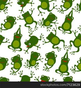 Frog seamless pattern. Cartoon cute frogs kids repeating texture. Frog wallpaper green, textile seamless pattern. Vector illustration. Frog seamless pattern. Cartoon cute frogs kids repeating texture