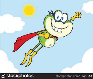Frog Superhero Cartoon Character Flying In The Sky